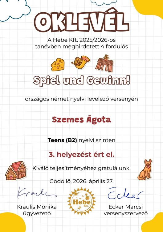Dobogós versenyeredmény német nyelvből  országos versenyen!